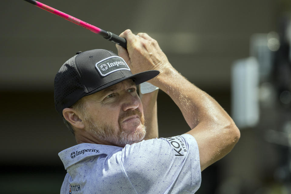 Jimmy Walker watches his drive off the third tee during the final round of the RBC Heritage golf tournament, Sunday, April 16, 2023, in Hilton Head Island, S.C. (AP Photo/Stephen B. Morton)