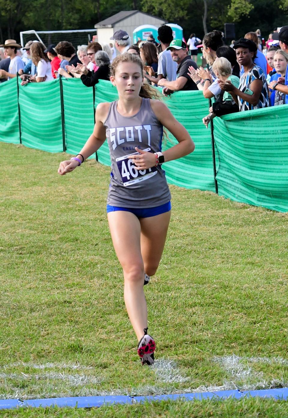 Maddie Strong of Scott took home first place in the high school small school varsity 5k at the 2022 Mason Invitational Cross Country Meet Sept. 10, 2022.