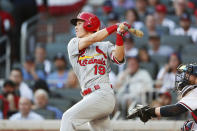 St. Louis Cardinals' Tommy Edman triples during the second inning of Game 5 of their National League Division Series baseball game against the Atlanta Braves, Wednesday, Oct. 9, 2019, in Atlanta. (AP Photo/John Bazemore)