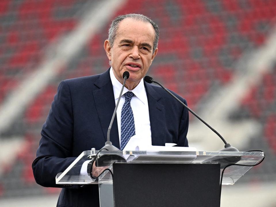 Mohamed Mansour speaks during a press conference at Snapdragon Stadium, 2023 (USA TODAY Sports via Reuters)