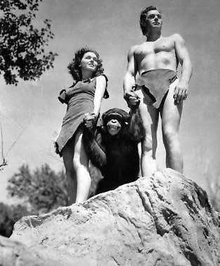 A file photo shows Johnny Weissmuller, right, as Tarzan, Maureen O’Sullivan as Jane and Cheetah the chimpanzee in a scene from the 1932 movie “Tarzan the Ape Man.” The film was shot on Lot One of the Metro-Goldwyn-Mayer studios in Culver City, California, and at the Lake Sherwood area north of Los Angeles as well as Silver Springs in Florida.