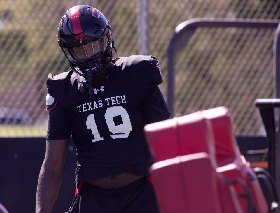 Texas Tech defensive edge player Dylan Spencer (19) showed promise last season as a true freshman. Spencer's one of the multiple candidates the Red Raiders are looking to in 2024 after four of their top five in sacks departed.