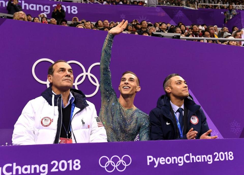 Figure skater Adam Rippon after his free skate portion of the men's event in the 2018 Winter Olympics