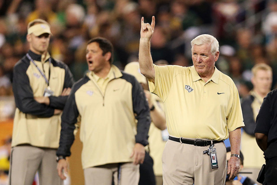 GLENDALE, AZ - JANUARY 01: Head coach George O'Leary of the UCF Knights gestures during their 52 to 42 win over the Baylor Bears in the Tostitos Fiesta Bowl at University of Phoenix Stadium on January 1, 2014 in Glendale, Arizona. (Photo by Christian Petersen/Getty Images)