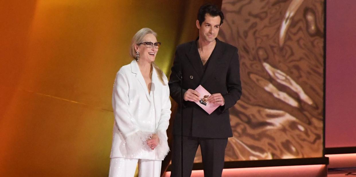 los angeles, california february 04 for editorial use only l r meryl streep and mark ronson speak onstage during the 66th grammy awards at cryptocom arena on february 04, 2024 in los angeles, california photo by jc oliverawireimage