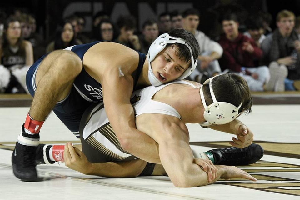 Penn State’s Alex Facundo controls Lehigh’s Brian Meyer in their 165-pound bout of the Nittany Lions’ 24-12 win on Sunday, December 4, 2022. Facundo topped Meyer, 6-2.