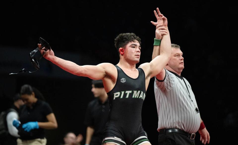 Pitman’s Mason Ontiveros beat Levi Bussey of Granite Bay 3-1 in the 175-pound title match at the Sac-Joaquin Section Masters Wrestling Championships at Stockton Arena in Stockton, Calif., Saturday, Feb. 17, 2024.