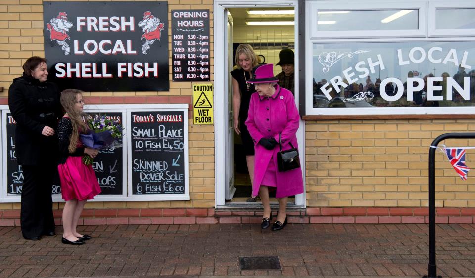 Queen Elizabeth at Newhaven Fish Market in Sussex.