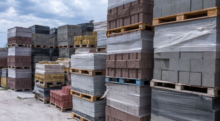 Industrial production of building cement pressed materials. High quality hollow concrete block or cement brick and paving stones. Finished products on pallets packed in film are waiting to be shipped. PATK stock