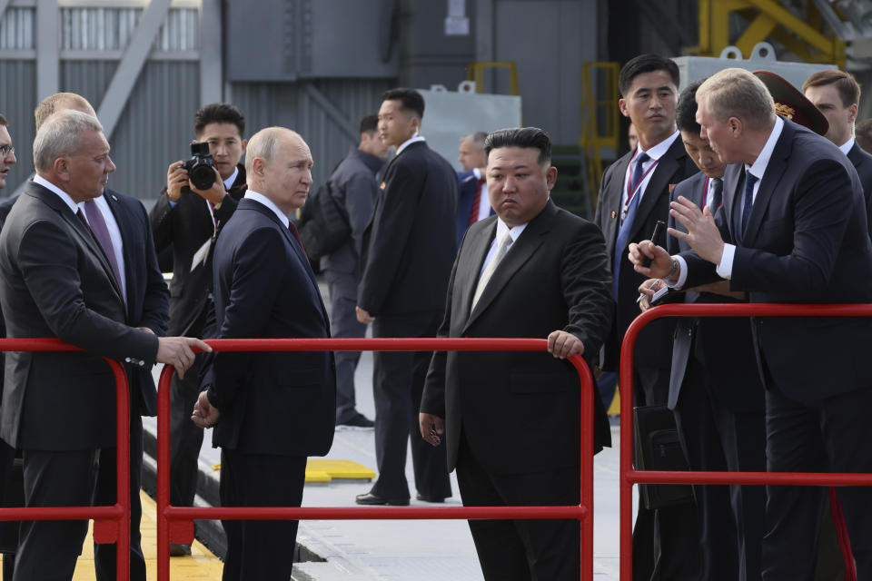 Russian President Vladimir Putin and North Korea's leader Kim Jong Un examine a launch pad during their meeting at the Vostochny cosmodrome outside the city of Tsiolkovsky, about 200 kilometers (125 miles) from the city of Blagoveshchensk in the far eastern Amur region, Russia, on Wednesday, Sept. 13, 2023. (Mikhail Metzel, Sputnik, Kremlin Pool Photo via AP)