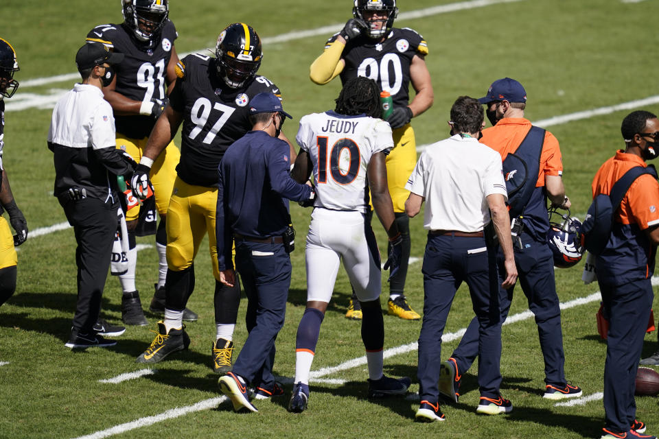 Denver Broncos wide receiver Jerry Jeudy (10) is helped from the field after being injured during the first half of an NFL football game against the Pittsburgh Steelers, Sunday, Sept. 20, 2020, in Pittsburgh. (AP Photo/Keith Srakocic)