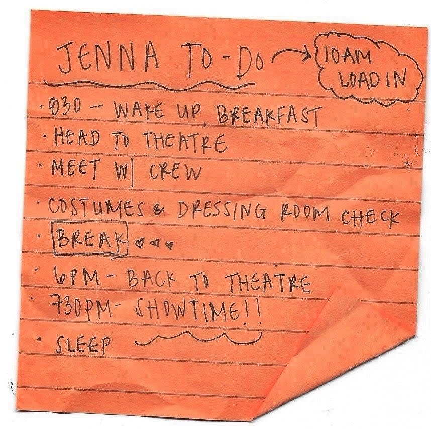A handwritten to-do list on an orange sticky note titled "Jenna To-Do" with a schedule including breakfast, theatre activities, and bedtime; "10am Load In" noted