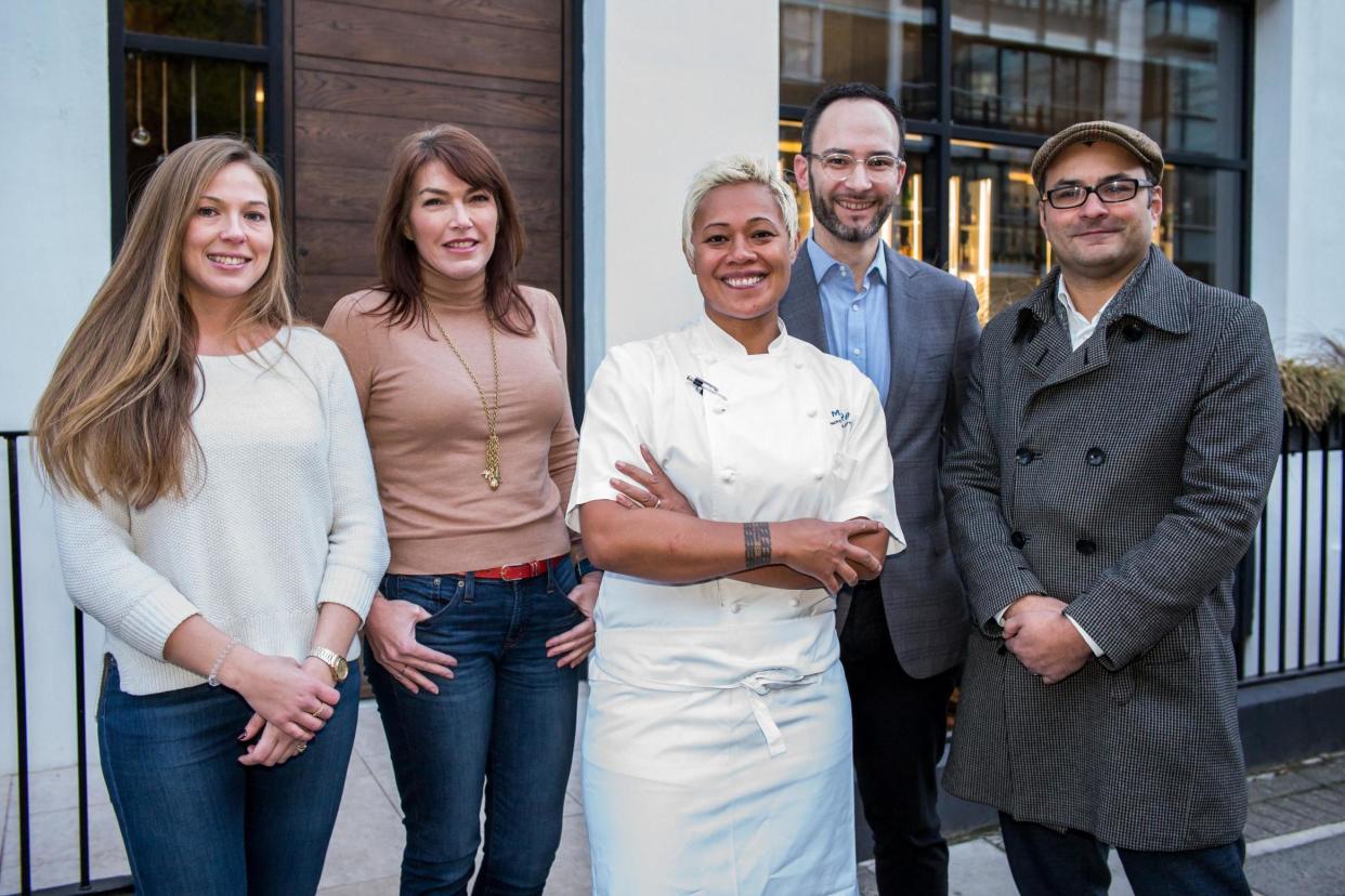 Backing: from far left, Krysia Kozniewska and Nicole Lovett of Deutsche Bank, chef Monica Galetti and her husband David, co-owner of their restaurant Mere, and Glenn Pougnet of StreetSmart: Alex Lentati