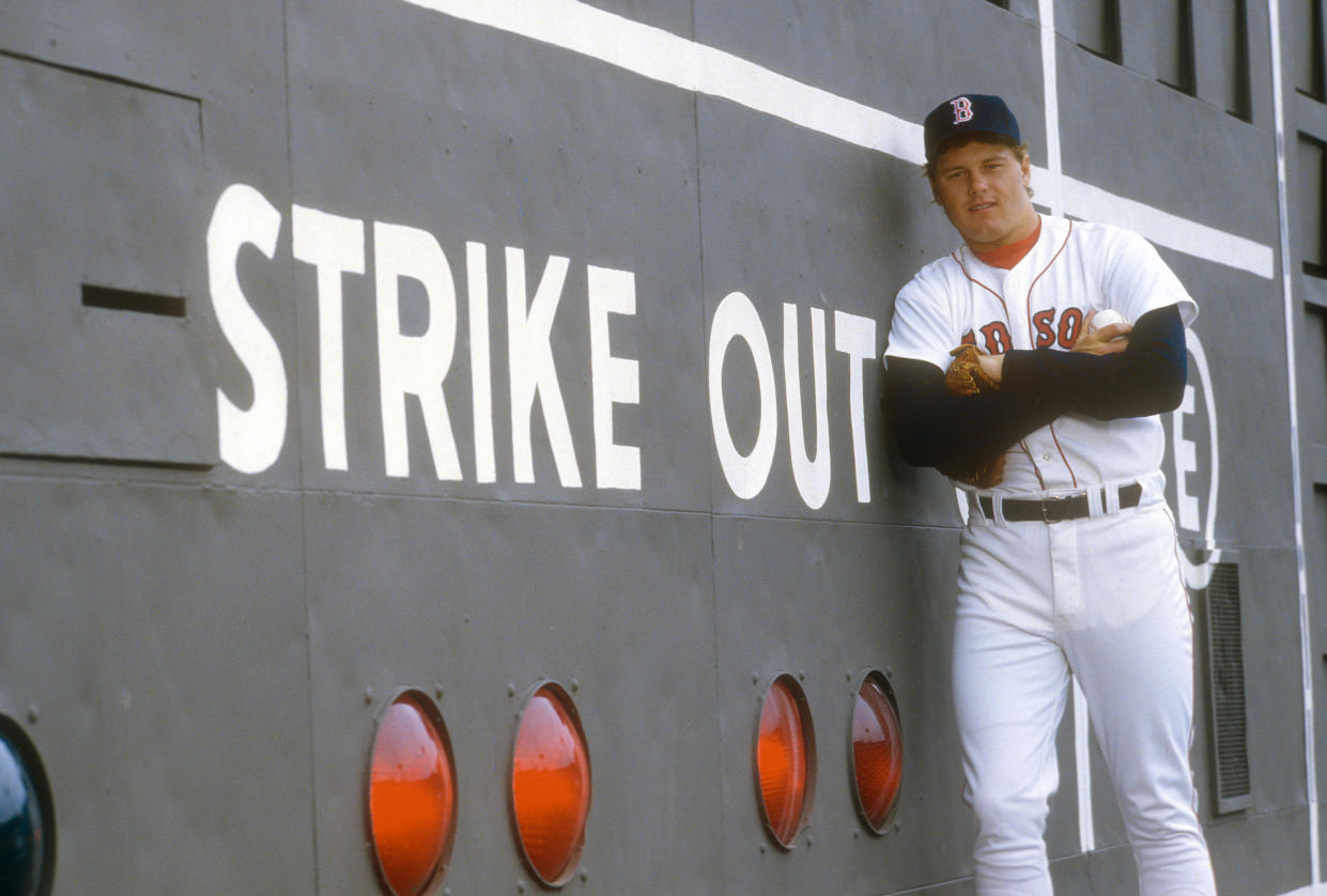 BOSTON, MA - CIRCA 1988: Roger Clemens #21 of the Boston Red Sox poses for this portrait prior to the start of a Major League Baseball game circa 1988 at Fenway Park in Boston, Massachusetts. Clemens played for the Red Sox from 1884-96. (Photo by Focus on Sport/Getty Images)