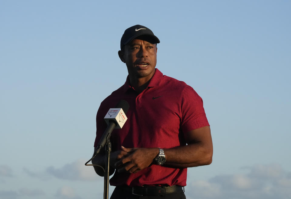 Tiger Woods, speaks during the trophy ceremony of the Hero World Challenge PGA Tour at the Albany Golf Club, in New Providence, Bahamas, Sunday, Dec. 4, 2022. (AP Photo/Fernando Llano)
