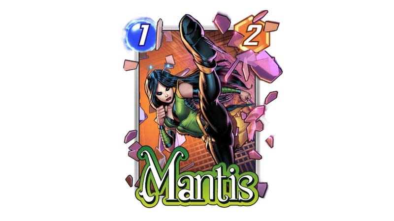 A image shows the Marvel Snap card Mantis.