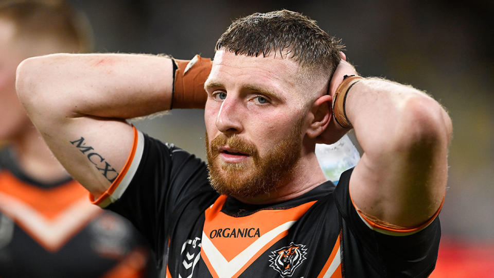 Pictured here, Wests Tigers star Jackson Hastings looks on in disappointment during an NRL game.