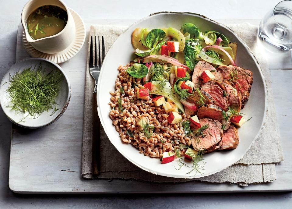 Pork-and-Farro Bowl with Warm Brussels Sprouts-Fennel Salad