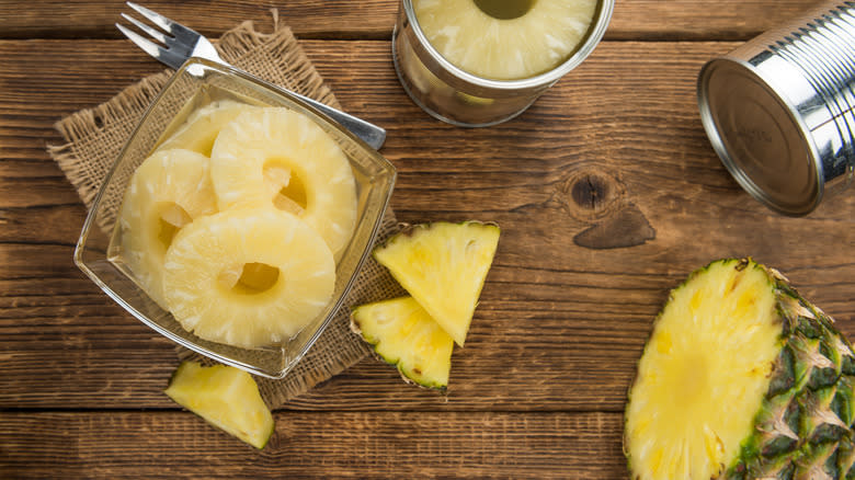 Canned pineapple in glass container