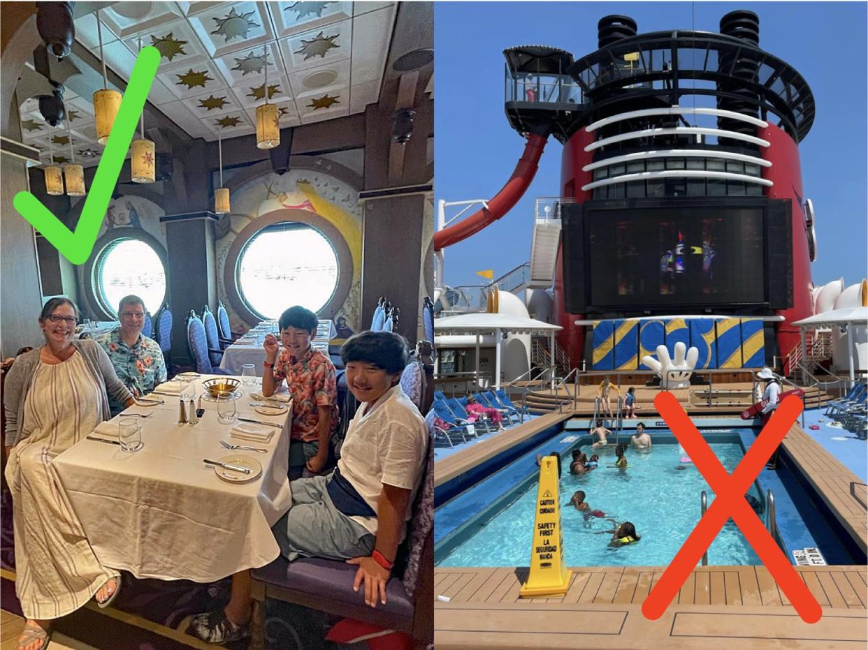 checkmark over a photo of a rapunzel dining room on a disney cruise and an x over a pool on a disney cruise