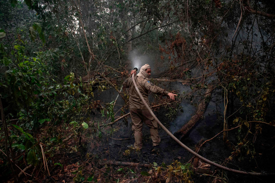 Firefighters work to put out a wildfire in the Porto Jofre region on Sept. 14.<span class="copyright">Mauro Pimentel—AFP/Getty Images</span>