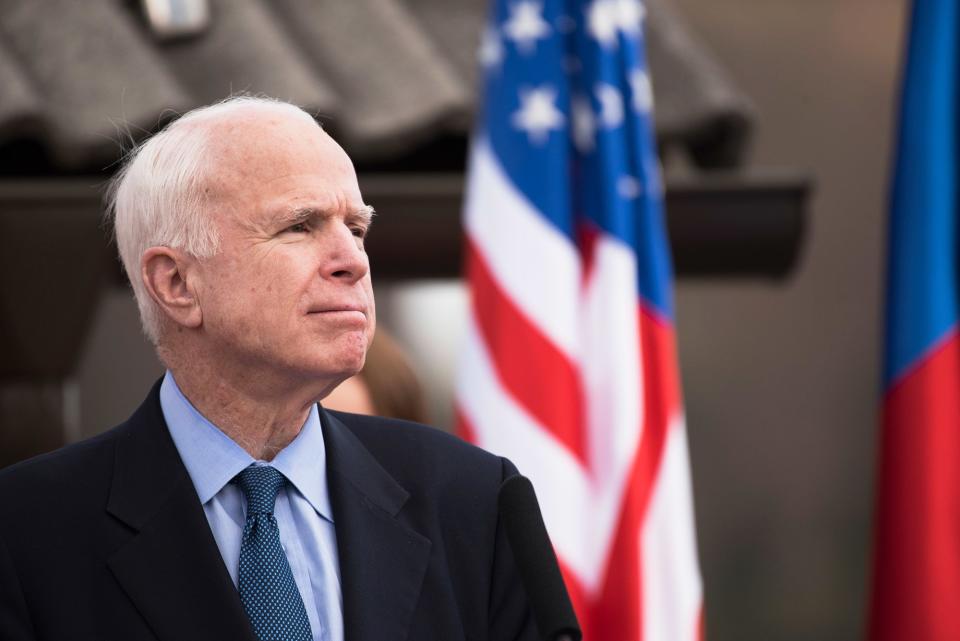 After undergoing surgery to remove a blood clot near his left eye, McCain revealed on July 19, 2017 that he had <a href="http://people.com/politics/john-mccain-brain-cancer-diagnosis-congress-tweet/" rel="nofollow noopener" target="_blank" data-ylk="slk:been diagnosed with brain cancer;elm:context_link;itc:0;sec:content-canvas" class="link ">been diagnosed with brain cancer</a>. He remained positive in the face of the diagnosis, writing on Twitter: "I greatly appreciate the outpouring of support – unfortunately for my sparring partners in Congress, I’ll be back soon, so stand-by!"