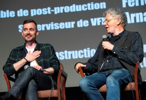 Xavier Legrand (L) - here with moderator Jon Amiel at the Colcoa French Film Festival Day -- said his debut feature-length movie recounts the custody battle of the abused wife and a menacing husband