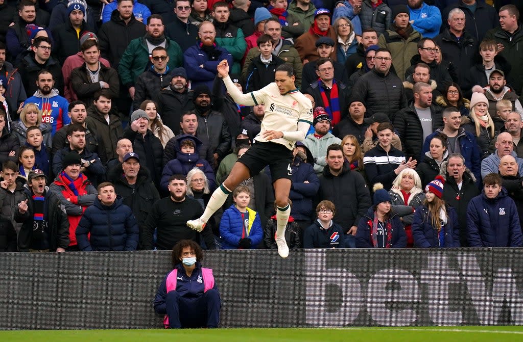 Virgil van Dijk jumps for joy after scoring against Crystal Palace (Adam Davy/PA) (PA Wire)