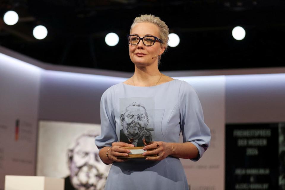 File photo: Yulia Navalnaya, the widow of late Russian opposition leader Alexei Navalny, poses with the ‘Media Freedom Prize’ (Reuters)