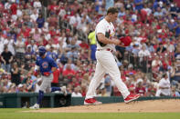 St. Louis Cardinals starting pitcher Andre Pallante, right, walks back to the mound after giving up a two-run home run to Chicago Cubs' Nico Hoerner, left, during the second inning of a baseball game Friday, June 24, 2022, in St. Louis. (AP Photo/Jeff Roberson)