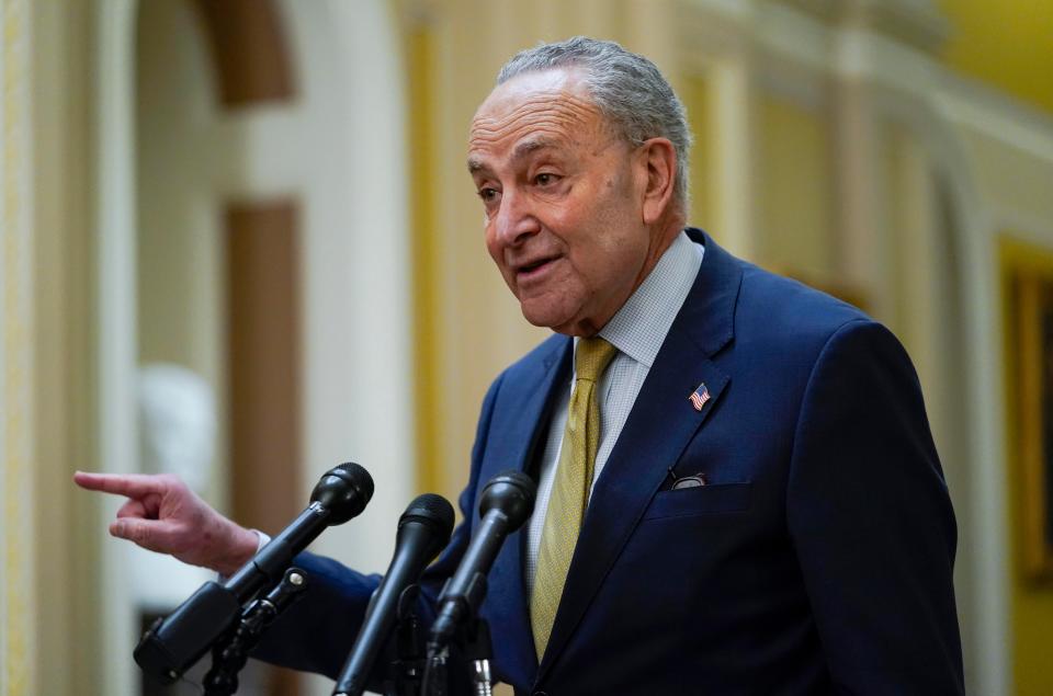 Senator Majority Leader Chuck Schumer (D-NY) speaks to reporters last week after meeting with Ukrainian President Volodymyr Zelenskyy in Washington, D.C.