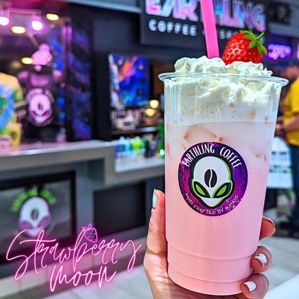 Earthling Coffee and Expresso's new drink, Strawberry Moon, is made with vanilla, white chocolate, toasted marshmallow and strawberry and served over ice.