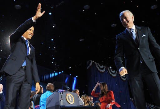 US President Barack Obama and vice president Joe Biden celebrate on the stage on election night in Chicago. Hollywood and the entertainment industry hailed the re-election of Obama, who won widespread celebrity backing and funding help in the race for the White House