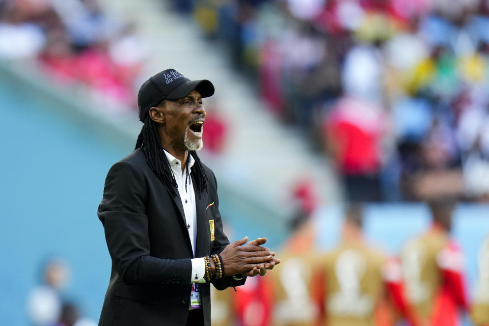 Cameroon's head coach Rigobert Song gives instruction inside the box team area during the World Cup group G soccer match between Switzerland and Cameroon, at the Al Janoub Stadium in Al Wakrah, Qatar, Thursday, Nov. 24, 2022. (AP Photo/Petr Josek)