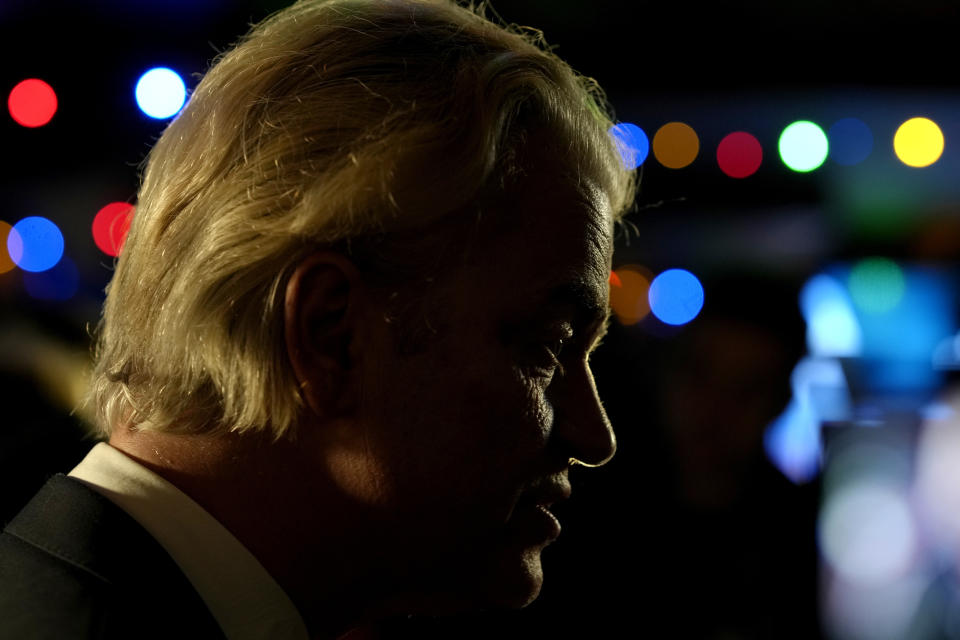 Geert Wilders, leader of the Party for Freedom, known as PVV, answers questions to media after announcement of the first preliminary results of general elections in The Hague, Netherlands, Wednesday, Nov. 22, 2023. (AP Photo/Peter Dejong)