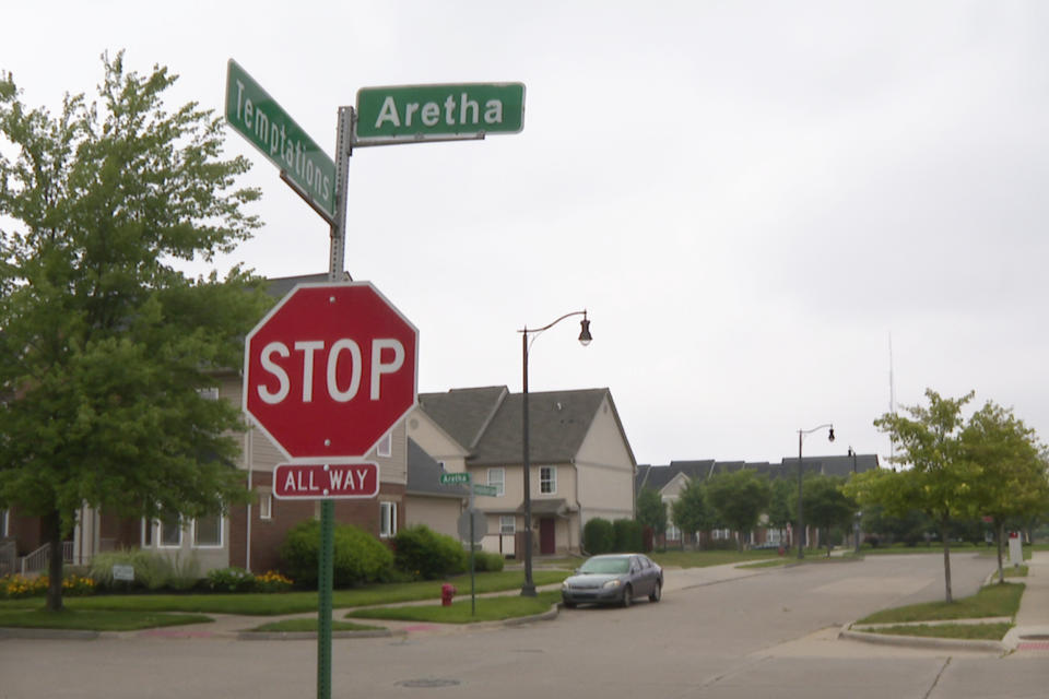 In a frame grab from video a street sign named in honor of Aretha Franklin is seen in Detroit on June 27, 2023. Five years after her death, the final wishes of the music superstar are still unsettled. The latest: an unusual trial next Monday to determine which handwritten will, including one found in couch cushions, will guide how her estate is handled. (AP Photo/Mike Householder)