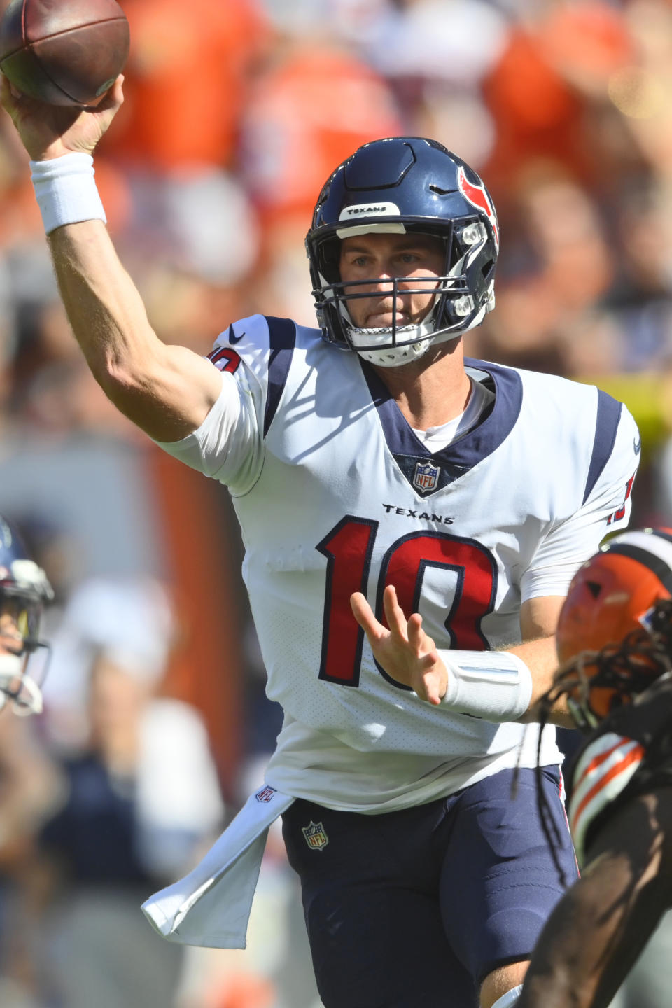 Houston Texans quarterback Davis Mills throws during the second half of an NFL football game against the Cleveland Browns, Sunday, Sept. 19, 2021, in Cleveland. (AP Photo/David Richard)