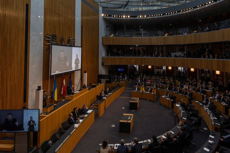 Ukrainian President Volodymyr Zelenskiy addresses Austria's lower house of parliament