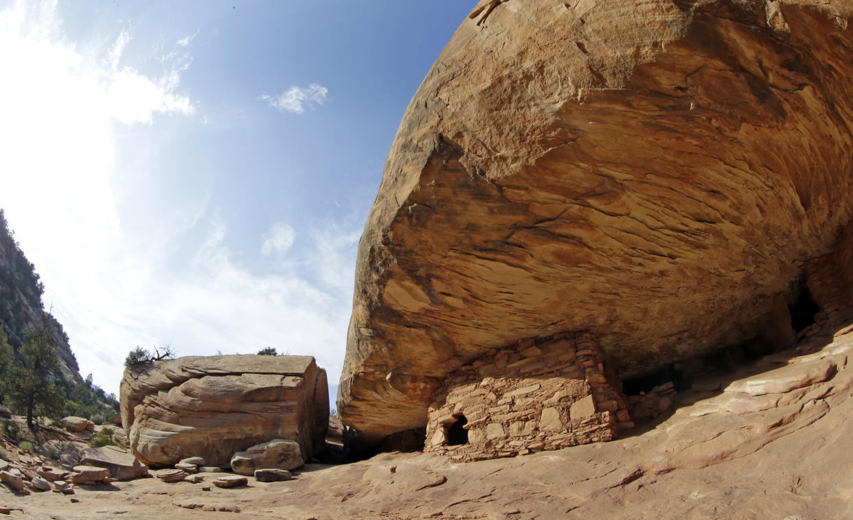 FILE - In this June 22, 2016, file photo, the "House on Fire" ruins are shown in Mule Canyon, near Blanding, Utah. President Joe Biden will expand two sprawling national monuments in Utah, the governor said Thursday, Oct. 7, 2021. President Donald Trump's administration in 2017 significantly downsized Bears Ears National Monuments and Grand Staircase-Escalante in southern Utah. (AP Photo/Rick Bowmer, File)