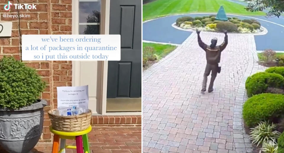 Left is the colourful stool with the basket and snacks. Right is the delivery driver lifting his arms in the air. 