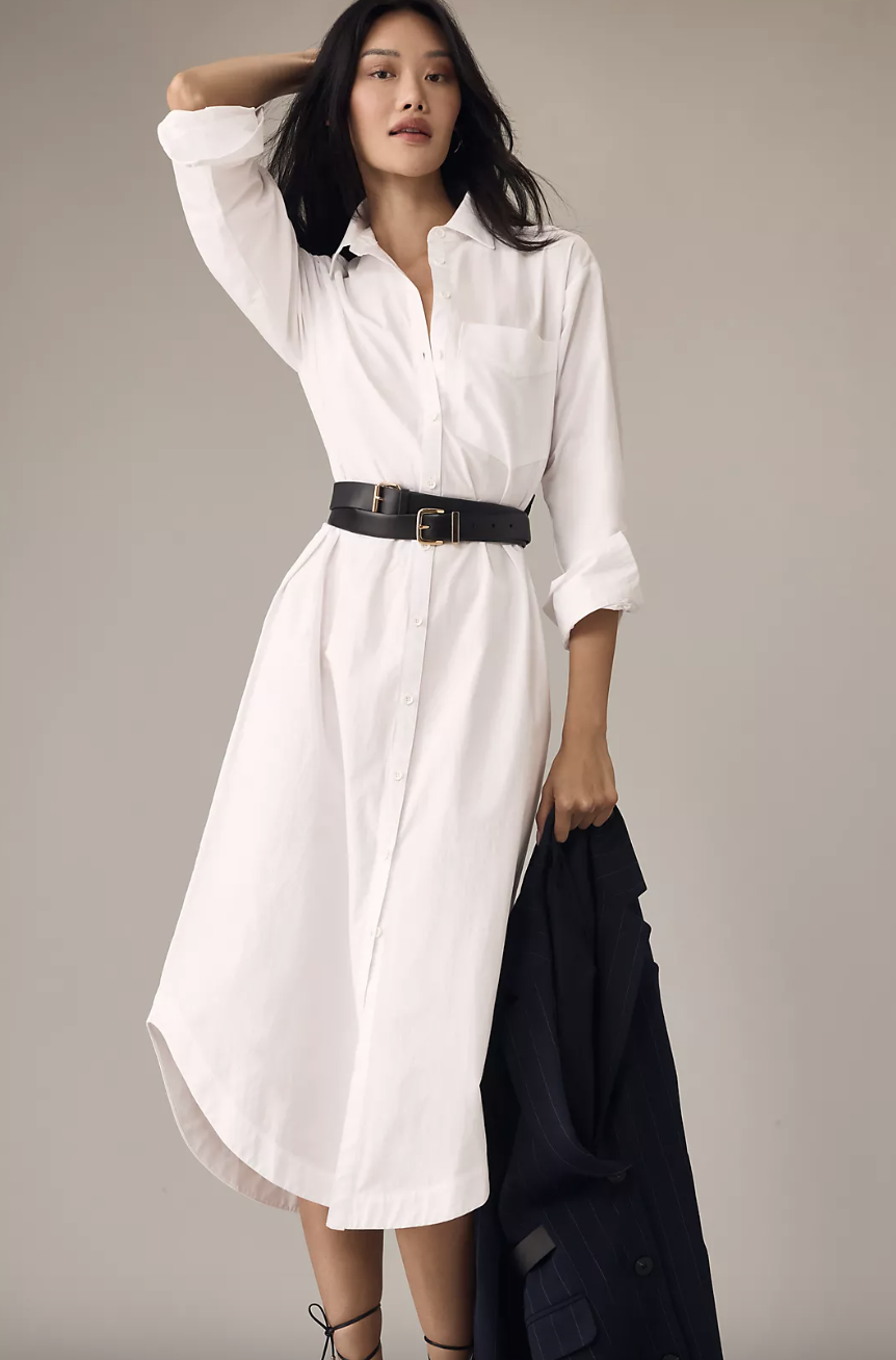 asian model wearing white shirt dress and black belt, The Soren Long-Sleeve Shirt Dress by Maeve (photo via Anthropologie)