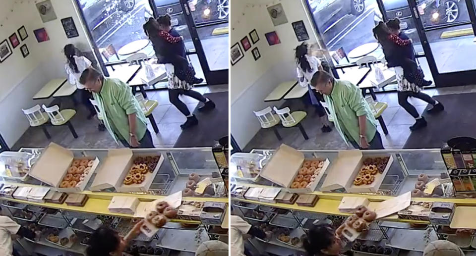 Hot coffee attack: a woman was filmed throwing coffee in the shop owner's face.