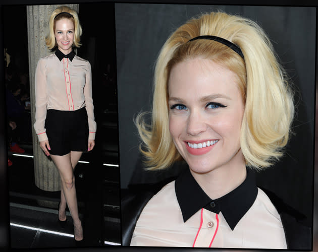 Was würde Betty Draper zu diesem Look sagen? „Mad Men“-Star January Jones hat sich wohl ein paar Styling-Tipps von ihrem Serien-Alter-Ego geholt. Im coolen Retro-Look und mit Sechziger-Frise schaute die 35-Jährige bei Miu Miu vorbei. (Bilder: Getty Images)