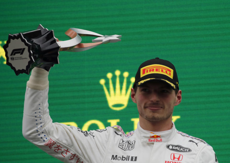 Second placed Red Bull driver Max Verstappen of the Netherlands celebrates after the Turkish Formula One Grand Prix at the Intercity Istanbul Park circuit in Istanbul, Turkey, Sunday, Oct. 10, 2021. (Umit Bektas/Pool via AP)