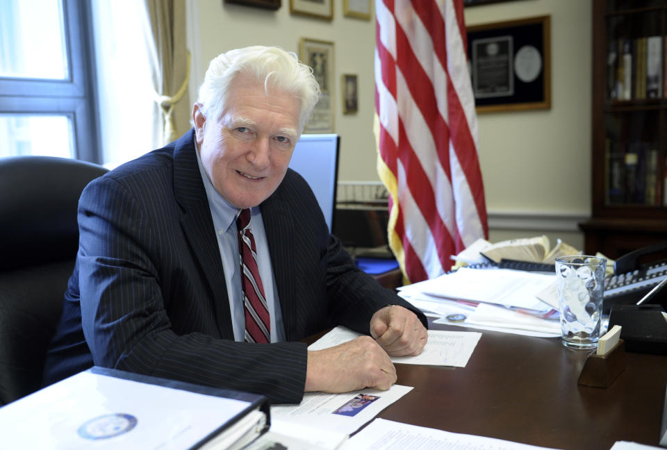 Rep. James Moran, D-Va. sits at his desk in his office on Capitol Hill in Washington, Wednesday, Jan. 15, 2014. Moran, a Northern Virginia Democrat, ranking Member on the House Appropriations Interior Subcommittee and senior member of the Defense Appropriations Subcommittee, announced that he will not seek re-election. (AP Photo/Susan Walsh)