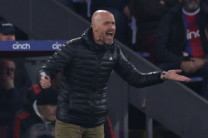 Manchester United's Dutch manager Erik ten Hag gestures on the touchline during the English Premier League football match between Crystal Palace and Manchester United at Selhurst Park in south London on May 6, 2024. (Photo by Adrian DENNIS / AFP) / RESTRICTED TO EDITORIAL USE. No use with unauthorized audio, video, data, fixture lists, club/league logos or 'live' services. Online in-match use limited to 120 images. An additional 40 images may be used in extra time. No video emulation. Social media in-match use limited to 120 images. An additional 40 images may be used in extra time. No use in betting publications, games or single club/league/player publications. /  (Photo by ADRIAN DENNIS/AFP via Getty Images)