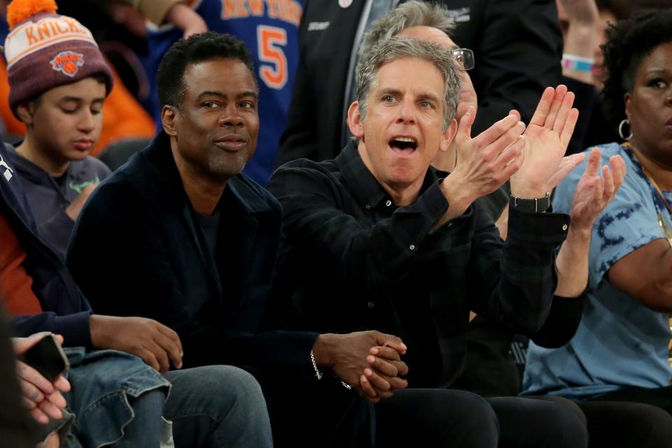 Mar 29, 2023; New York, New York, USA; Actors and comedians Chris Rock (left) and Ben Stiller sit court side during a game between the New York Knicks and Miami Heat at Madison Square Garden. Mandatory Credit: Brad Penner-USA TODAY Sports