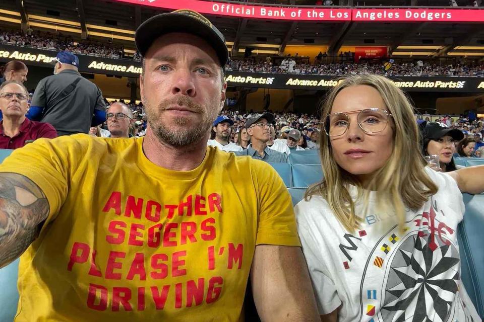 <p>Dax Shepard/Instagram</p> Dax Shepard and Kristen Bell pose for sweet Instagram selfie while watching a Dodgers game