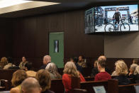 Anna Moriah Wilson's photo is displayed on the screen during the sentencing portion of Kaitlin Armstrong's murder trial at the Blackwell-Thurman Criminal Justice Center on Friday, Nov. 17, 2023 in Austin, Texas. Prosecutors are seeking a prison sentence of at least 40 years for Armstrong convicted of murder in the shooting death of rising professional cyclist Anna Moriah Wilson. (Mikala Compton/Austin American-Statesman via AP, Pool)