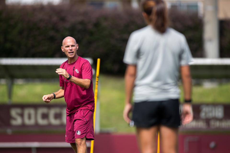 New FSU women's soccer coach Brian Pensky leads a practice on Friday, Aug. 12, 2022 in Tallahassee, Fla.